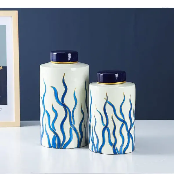 Botellas de almacenamiento Jar de cerámica pintada de algas marinas Jares de botella de porcelana dorada con tapas de té modernas