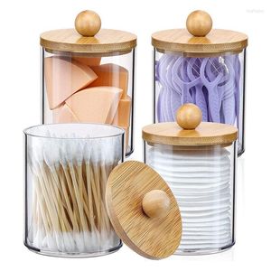 Caja de almacenamiento de botellas, organizador de baño, accesorios, contenedores, tarros de plástico transparente con tapas de bambú para hilo de algodón