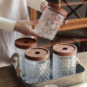 Opslagflessen doos met bamboe deksel keuken glazen kruiden pot keren container container Japanse vintage reliëfdichting