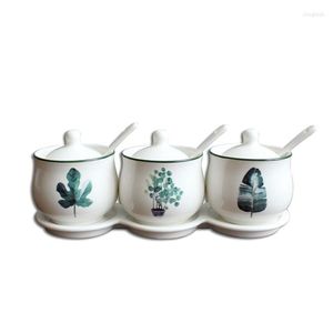 Bouteilles de stockage pot à épices de plantes tropicales en céramique avec couvercle de cuillère décoration de cuisine de Style frais