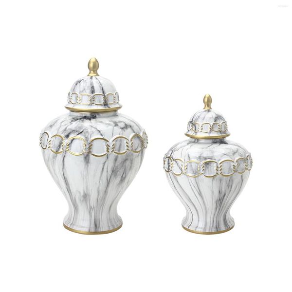 Bouteilles De Stockage Vase En Céramique Pot De Gingembre Avec Couvercle Marbre Motif Table Arrangement Floral Temple Élégant Polyvalent Pour Étagère Étagère Décor