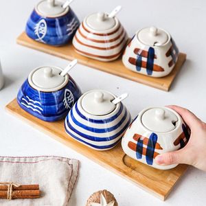 Bouteilles de stockage pot à épices en céramique avec couvercle ensemble de réservoir d'assaisonnement de Style japonais pots de cuisine conteneur pour épices ustensiles de maison