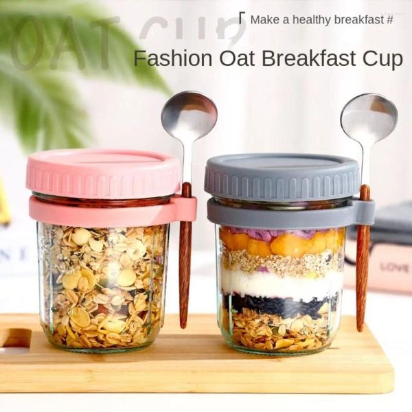 Bouteilles de rangement Céréal Nut Yogourt Salad Breakfast Portable avec cuillère Verre de maçon résistante à la chaleur Verre d'avoine