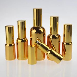 Opslagflessen China Leveranciers 50 ml Luxe Essentiële olielegglazen fles met spuitpomp Goud en zilveren parfum op voorraad