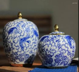 Opslagflessen Chinese stijl Blue en Wit Porselein Tank Algemeen Handwerk Decoratie Keuken Graan Dispenser Home Tool