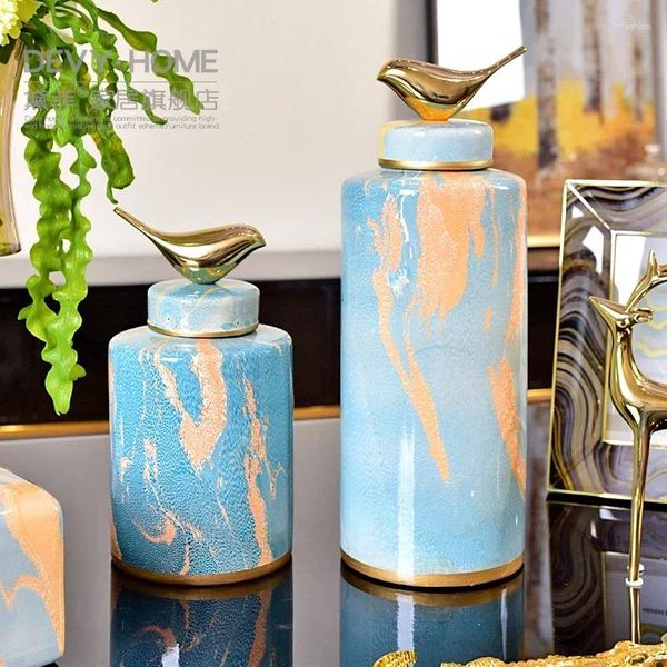 Bouteilles de rangement Style Chinois Céramique Tank Golden Bird Cover Decorative Bureau Hydroponic Vase Home Decoration Accessoires Ornements