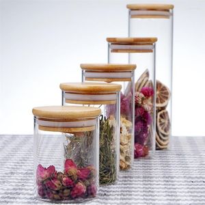 Bouteilles de stockage Pot en verre transparent Boîte scellée Récipient alimentaire pour thé en vrac Grain de café Sucre Sel Boîte de cuisine (avec couvercle en bambou)