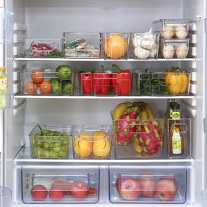 Bouteilles de stockage clair réfrigérateur organisateur bac PET empilable réfrigérateur boîte avec poignée conteneurs alimentaires plateau distributeur cuisine organisateur