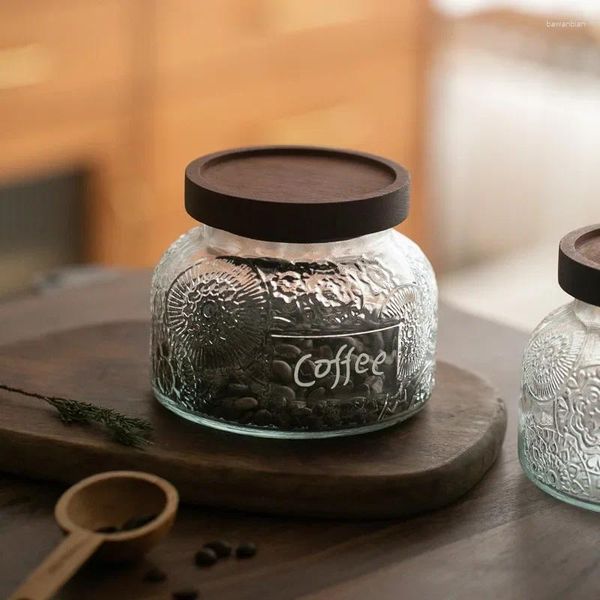 Bouteilles de rangement pot de grain de café en verre épreuve d'humidité ébène en bois de santal en bois rétro scellé de cuisine
