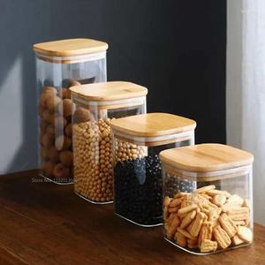 Bouteilles de rangement Verre de conteneur pour pot de cuisine avec pots de couvercles bambou en gros et maçon épices carré