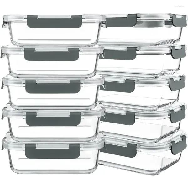 Bouteilles de stockage, conteneurs pour aliments avec couvercles, boîtes à Bento hermétiques sans BPA, four à micro-ondes, congélateur et lave-vaisselle gris