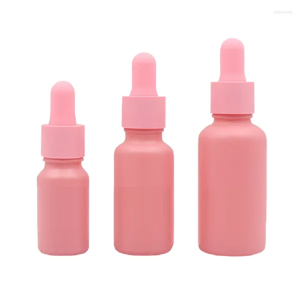 Botellas de almacenamiento Embalaje cosmético Pipeta recargable Vial 10ml 20ml 30ml Cute Frost Pink Glass Essential Oil Dropper Botella vacía 15pcs