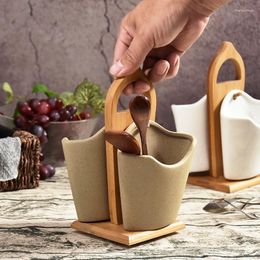 Opbergflessen Creative Bamboo Wood Ceramic Chopstick Holder With Rackkitchen Supplies Table Decoration El Service