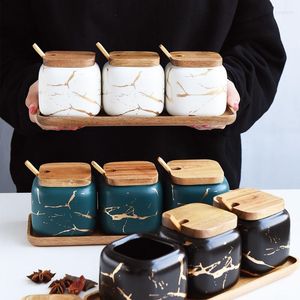 Opslagflessen Creative Noordse stijl Marmeren patroon Keramische keuken Kruidentank Set houten deksel zout shaker kruidpot accessoires