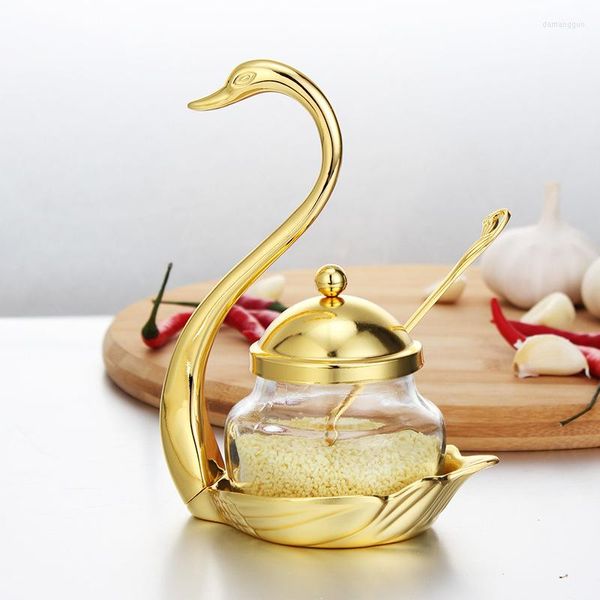 Bouteilles de stockage Creative Swan Aluminium Condiment Pot Set Assaisonnement Conteneur Alliage Épice Poivre Café Organisateur Pot En Verre Sel Sucrier