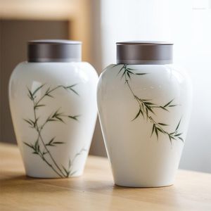 Opslagflessen creatieve witte porseleinen pot met de hand geschilderde groene bamboe thee kan aluminium deksel huis handgemaakte snoepnotenkast keuken