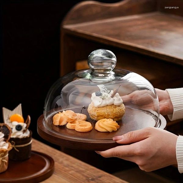 Bouteilles de rangement Créative Pan à gâteau en bois Boîte de nourriture avec couvercle en verre Kitchen Fruit Dessert Nuts Snack