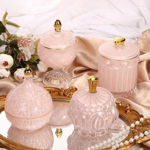 Opslagflessen creativiteit roze kristallen glazen fles moderne reliëf ambachtelijke sieraden ketting pot met dekselomtrek in gouden organisator tank