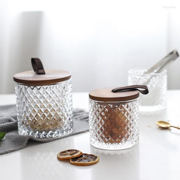 Bouteilles de stockage bocal en verre motif diamant avec couvercle en bois poignée réservoir de café thé épice bouteille transparente peut nourriture cuisine conteneur