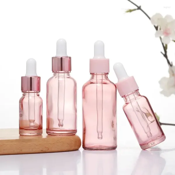 Botellas de almacenamiento cuentagotas recargables 5-100 ml tapa rosa contenedor cosmético líquido de vidrio rosa para pipeta esencial