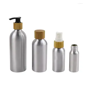 Bouteilles de rangement Eco Friendly Cosmetic Emballage 30ml 50 ml 100 ml 120 ml Vidage pulvérisateur en aluminium avec pompes de couvercle de bambou 8oz 4oz