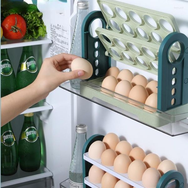 Botellas de almacenamiento Caja de huevos Organizador de cajón abatible de 3 capas Gran capacidad 30 Soporte de rejilla Organizadores de bandeja lateral para refrigerador