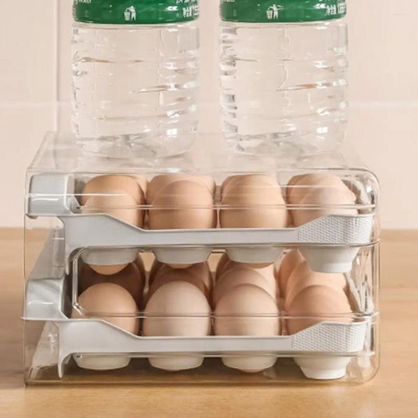 Caja de huevo de botellas de almacenamiento con mango de cajón 32 cuadrículas de doble capa contenedor de grado de alimentación apilable para refrigerador de cocina