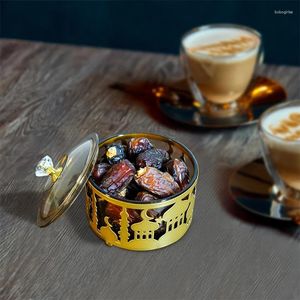 Opslagflessen Eid Al-Mubarak Dessertbakje Metaal Smeedijzeren Snoeppot Met Basis Bedekt Kasteel Maan Patroon Vakantie Decoraties Doos