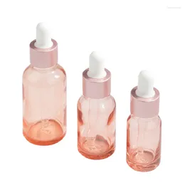 Bouteilles de rangement vides 10 ml 15 ml de gouttes en verre rose rose avec pipette rechargeable huile de flacons cosmétiques en gros 20pcs