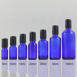 Bouteilles de stockage vides en verre bleu, rouleau de 5ml pour huiles, boule et choix en acier inoxydable