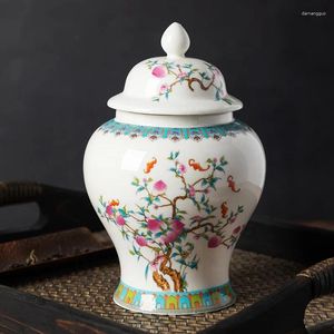 Opslagflessen Europese keramische pot met deksel Theeblad Verzegelde Perzik Decor Vaas Keuken Snoep Moer Koffiebonenfles