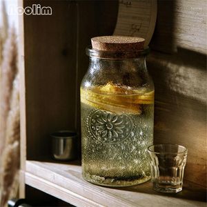 Opslagflessen Europese glazen reliëfkorrels Gedroogde fruitsnacktank met houten deksel snoeppot kruidenkastje honingfles thee caddy