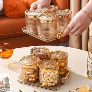 Opslagflessen Europese stijl Amber gestreepte plastic kruiden pot transparante snoepkoekje met deksel fruitplaat set keukenvoedsel zout