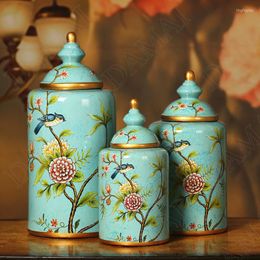 Bouteilles De Stockage Pot En Céramique De Style Européen Fleurs Et Oiseaux Peints À La Main Bocaux À Bijoux Overglaze Conteneur Cosmétique Décoration De La Maison