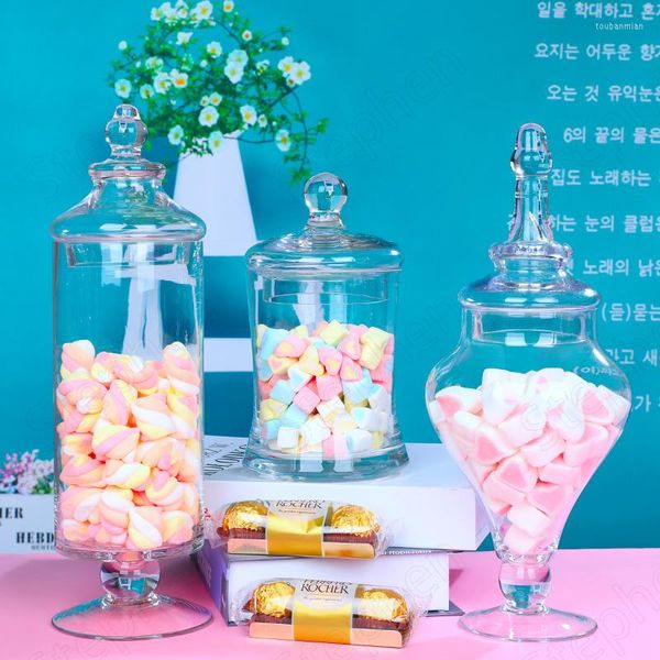 Botellas de almacenamiento, tarro de cristal transparente europeo para dulces, tarros grandes creativos con pies altos con tapa, decoración de boda, soporte para pastel y postre