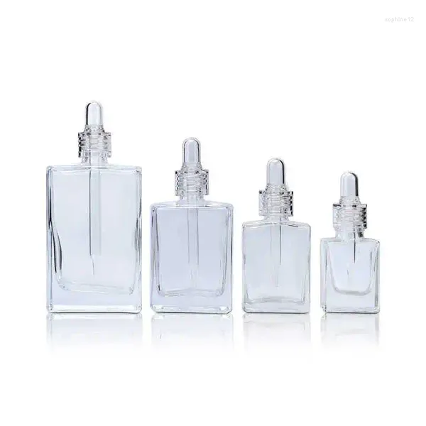 Bouteilles de rangement rectangle plat Luxury 15 ml 30 ml 50 ml Propulseur en verre 100 ml avec collier claire pour l'huile essentielle sérique