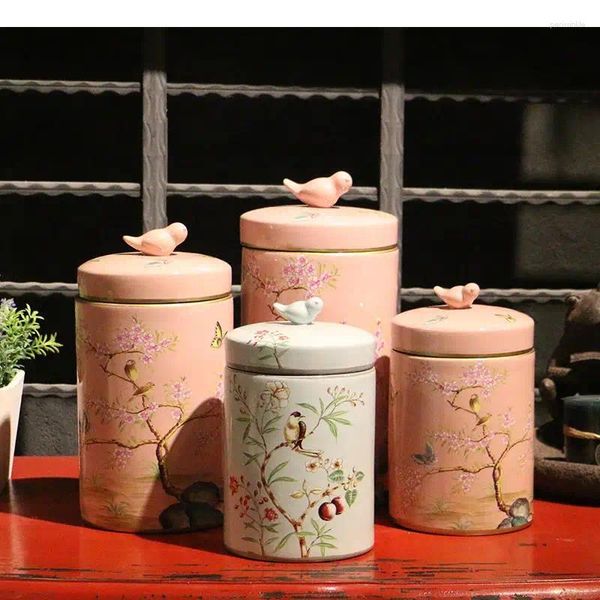 Botellas de almacenamiento, flores, pájaros, tarros de cerámica pintados, decoración de escritorio, artesanías clásicas, tarro de caramelo de porcelana con tapa, decoración Vintage para el hogar