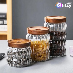 Botellas de almacenamiento Jar de alimentos Organizador transparente de vidrio sellado con contador de cocina de la cocina de la tapa de madera Contenedor de organizadores