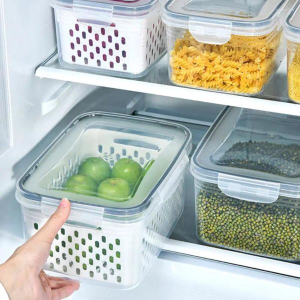 Bouteilles de stockage Cas de conservation de la fraîcheur Boîte de bac à légumes transparente avec panier de drainage Serrure à boucle étanche pour légumes