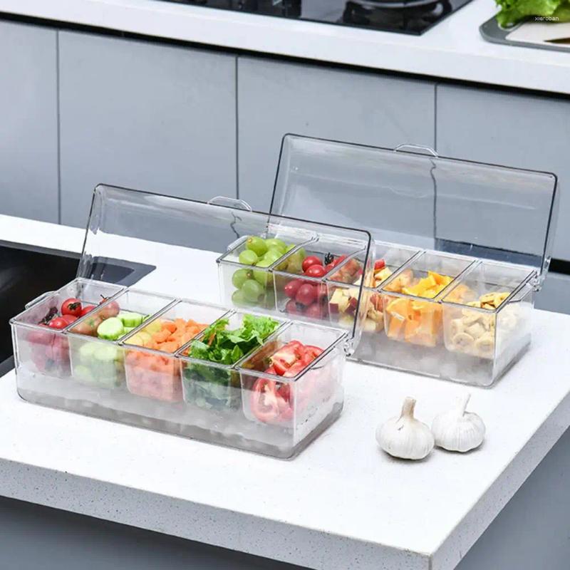 Garrafas de armazenamento Caixa de gelo da geladeira com tampa transparente destacável 5 Compartimentos Salada Fruta Recipiente Vegetal Picnic Spice Caso