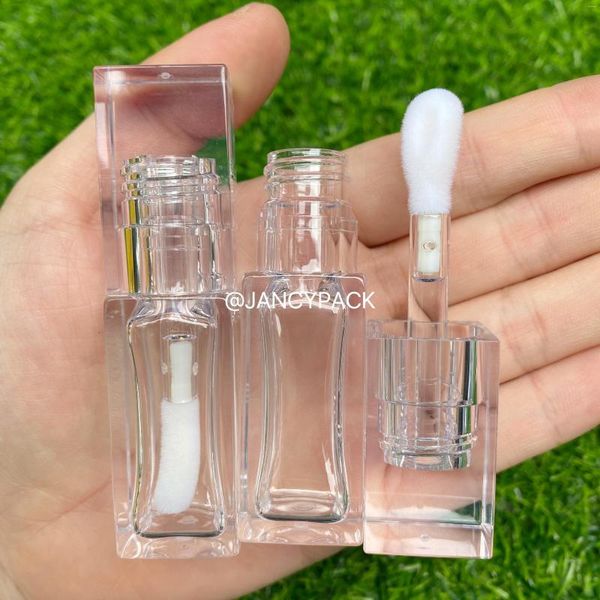 Botellas de almacenamiento Tubos de brillo de labios totalmente transparentes, lápiz labial recargable vacío con varita grande, logotipo personalizado, embalaje blanco más regordete