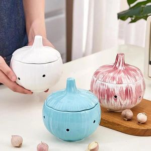 Bouteilles de rangement Jar en céramique conteneur d'ail avec couvercle conception de ventilation de la cartouche de cuisine séchée accessoires