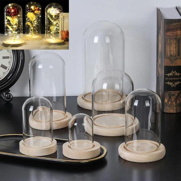 Bouteilles de rangement, pot de Cloche en verre, présentoir, couvercle, bouteille de Terrarium avec Base en bois, boîte à poussière en acrylique, fleur immortelle