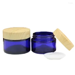 Bouteilles de stockage en verre cosmétique Jar pot bleu oculaire de soins de la peau de soins de la peau 30g 50g 15pcs lotion de maquillage de couvercle en bois faux en bois lotion