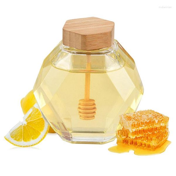 Botellas de almacenamiento Glass Honey Pot Frascos de 12 oz con Dipper Contenedor transparente Botella sellada con forma hexagonal para aderezo para ensaladas