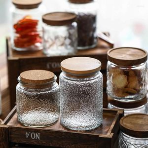 Bouteilles de stockage bocaux en verre Styles rétro joint couvercles en bambou nourriture bonbons thé conteneurs Pot de miel Pot à épices en Relief nordique