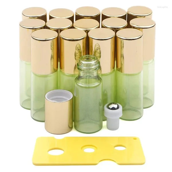 Bouteilles de rangement rouleau en verre 15 emballage vert clair 5 ml pour les huiles essentielles avec des boules en acier inoxydable et un ouvreur