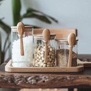 Bouteilles de rangement en verre scellé pot épicerie de fruits séchés bouteille de fruit bambou couvercle en bois avec cuillère maison transparente