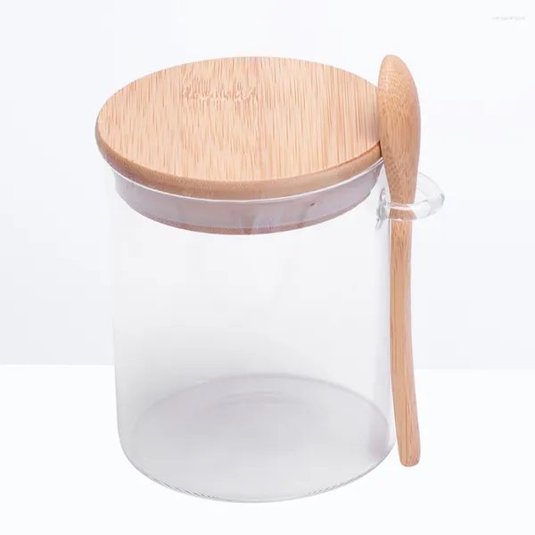 Bouteilles de stockage Pot d'assaisonnement en verre avec couvercle et cuillère, récipient alimentaire transparent scellé pour le sucre et le sel (450ml)