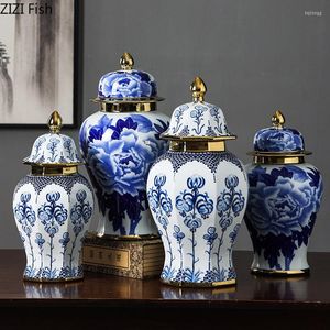 Bouteilles De Stockage Plaqué Or Porcelaine Bleu Et Blanc Réservoir Général Pot De Gingembre Scellé Bocaux Pots De Bonbons Décoration De Bureau Arrangement De Fleurs